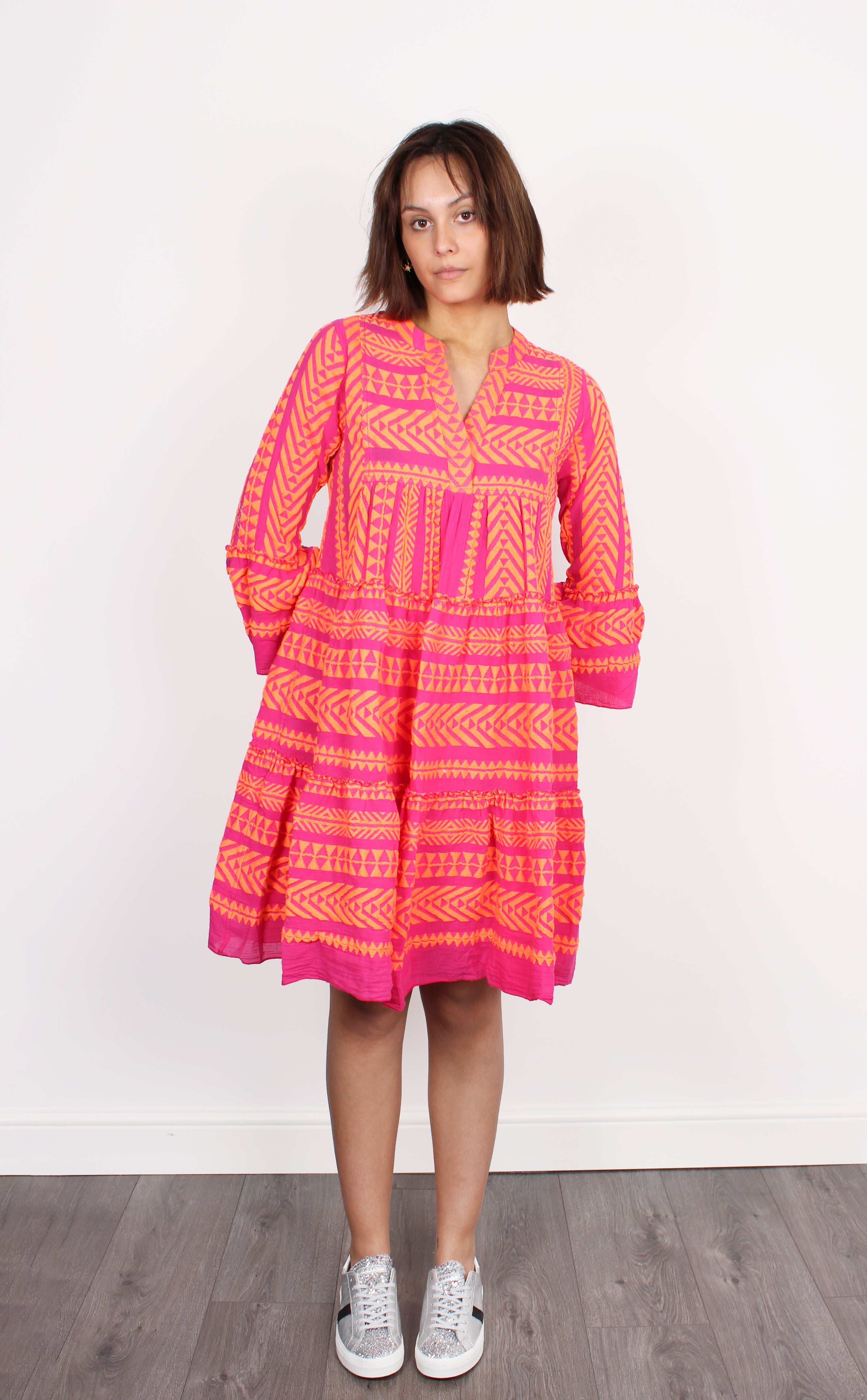 Ella Midi Dress 701 in Neon Orange and ...